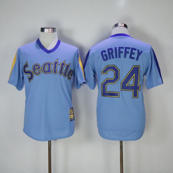 Men Seattle Mariners 24 Ken Griffey Blue Game Throwback MLB Jerseys